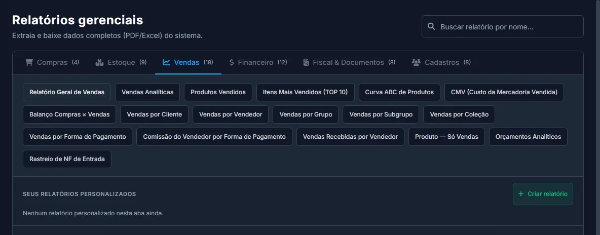 Tela de relatórios gerenciais do NewSystem